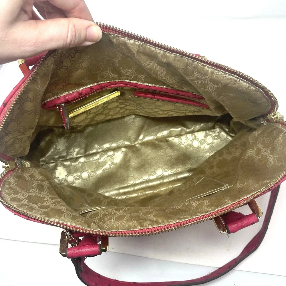 Ivanka Trump Ava Dome Satchel Pink Ostrich Embossed Handbag Gold Hardware Purse